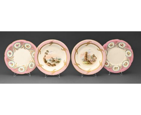 Two pairs of Royal Worcester dessert plates, c1865, with pink border, one painted with ruins the other with repeating oval fl