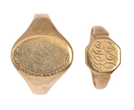 Two 9ct gold signet rings, Birmingham 1928 or marks rubbed, 11g, size N and 1  Larger ring worn, the other less so