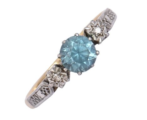 A blue zircon and diamond ring, gold hoop marked 18ct PLAT, 2.8g, size N  Good condition