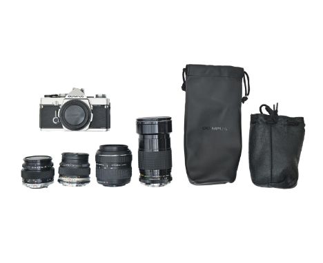 An Olympus OM-I 35mm camera, two Olympus camera lenses, comprising F1.4 50mm and F3.5 50mm, an Olympus Digital F7.5 45mm lens