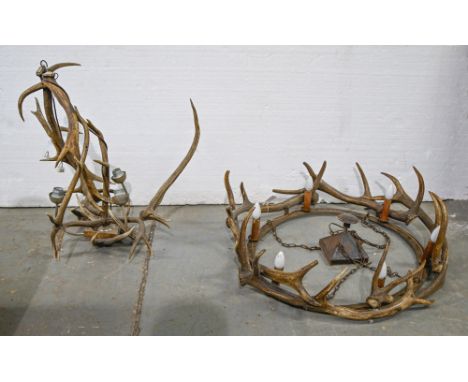 Interior Design. A deer antler circular six-light chandelier, 20th c,&nbsp;84cm diam, and a similar three-branch ceiling ligh