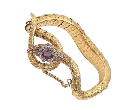 A Victorian gold serpent bracelet, the head mounted with oval amethyst in diamond surround, 21cm l, 34g  Complete and origina