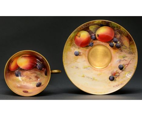 A Royal Worcester teacup and saucer, 1923, painted by W H Austin or H H Price, both signed, with fruit, saucer 14cm diam  Pro