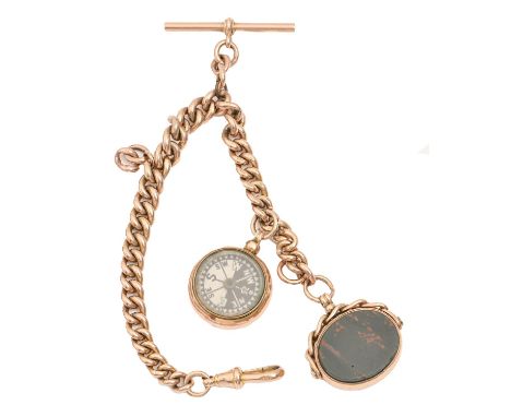 A 9ct gold albert, reduced, 20cm l, links individually marked, with T-bar and contemporary 9ct gold compass and fob swivel, b