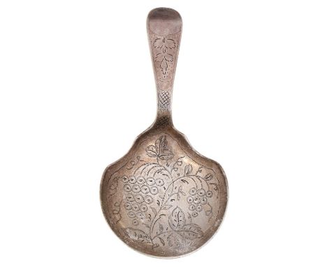 A William IV silver caddy spoon, engraved with grapevines, 85mm l, by A B Savory &amp; Sons, London 1833, 8dwts  Good conditi