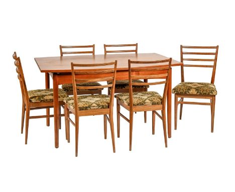 A Meredew teak dining suite, 1960s, comprising dining table and six ladder back chairs, table 95 x 137cm, maker's trade label