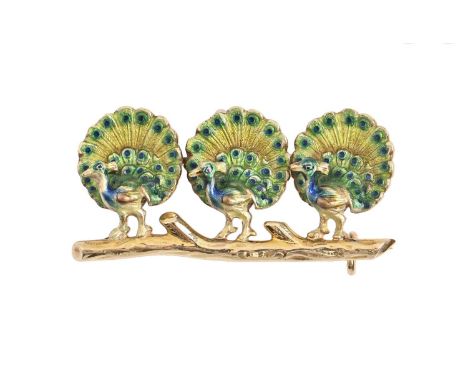 A gold and enamel peacocks brooch, 34mm, unmarked, 5.3g  Good condition