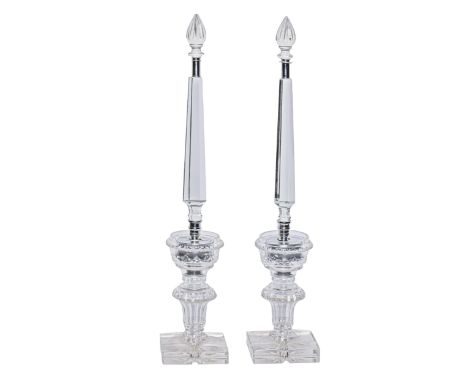 A pair of Neo-Classical style cut glass ornamental obelisks, 20th/early 21st c,&nbsp;with detachable finials, 53cm h, and ten