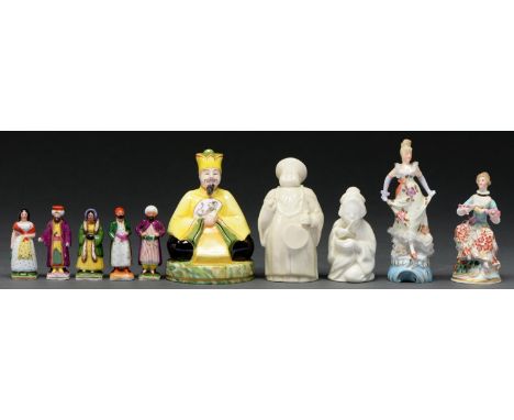 Two Royal Worcester glazed porcelain Japanese and Chinese figural candle snuffers and various other miniature English and Con