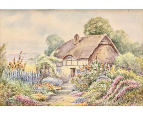 An outside decorated Worcester or other English porcelain plaque, late 20th c, painted by E Townsend, signed, with a cottage 