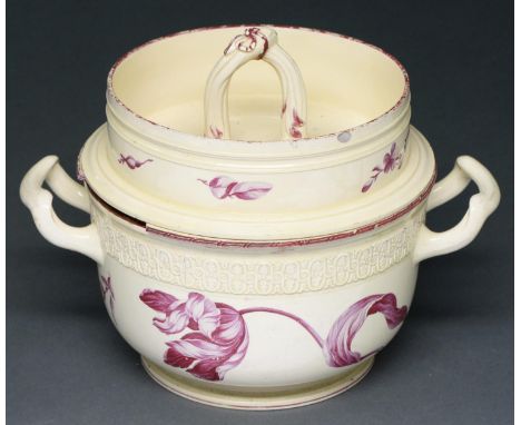 A Wedgwood ice pail, cover and liner or 'glacier', c1770, painted by James Bakewell, in rose-purple monochrome with lilies an