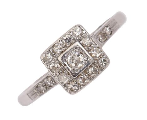 A diamond square cluster ring, white gold hoop, engraved 18CT WG &amp; PT, 2.5g, size P  Light wear