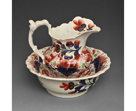 A Victorian earthenware Gaudy Welsh chamber jug and bowl, mid 19th c, bowl 32cm diam  Foot ring of bowl cracked