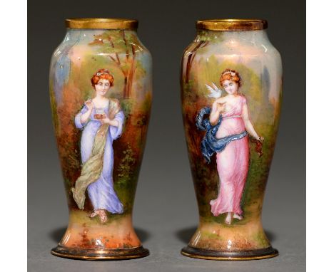 A pair of French miniature giltmetal and enamel vases, second half 20th c, painted with a young woman in an idyllic landscape