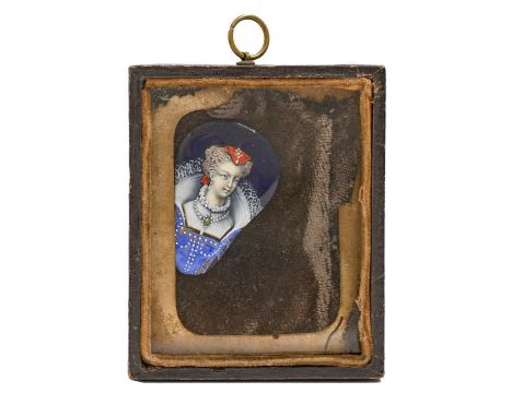 A Limoges enamel plaque, c1900,&nbsp;painted with the head of a noble lady, 37 x 25mm  Good condition, unexamined out of the 