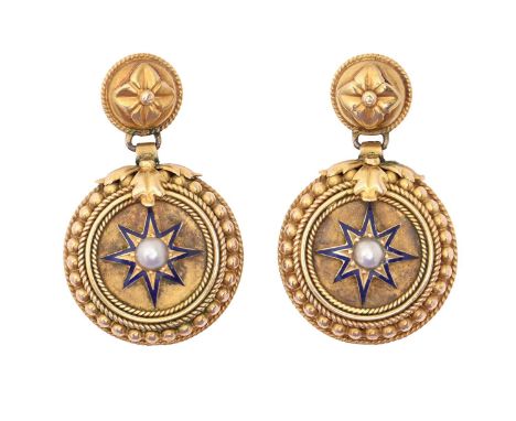 A pair of Victorian split pearl and gold and blue enamel earrings, with closed back, 31mm, 8g  Good
