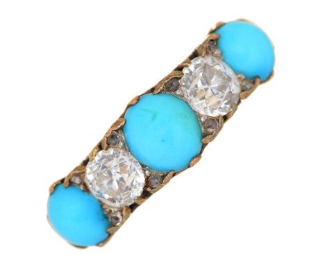 A turquoise and diamond ring, c1900, with old cut diamonds, in gold marked 18ct, 4.9g, size O and  Light wear