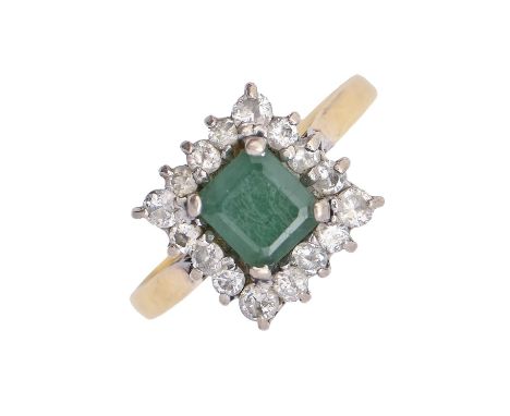 An emerald and diamond cluster ring, in 18ct gold, 4.6g, size O  Emerald scratched from wear