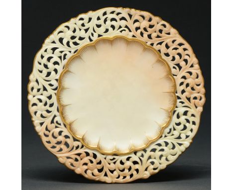 A Grainger's Worcester reticulated stand, 1897,&nbsp;in shaded apricot, on three palmette feet, 15.5cm diam  Unusual and in g