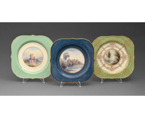 Three Royal Worcester square dessert plates, 1926 and 1936, painted by G H Evans or R Rushton, signed, with Barnard Castle, R