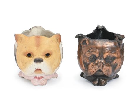 A German painted biscuit pug dog, owl and cat three-faced night light, c1890, with glass eyes, 10cm h and a similar bronzed s