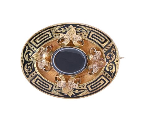A Victorian banded agate, gold and black enamel mourning brooch, locket back, 44mm, 16.6g  Slight damage on one end at back n