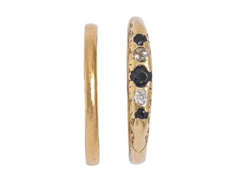 A gold wedding ring, marks rubbed and a sapphire and diamond ring, in 18ct gold, Convention marked, 4.4g, size M, N  Light we