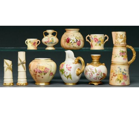 Two Royal Worcester jugs, six pot pourri, spill and other vases and two miniature loving cups, late 19th / early 20th c, prin