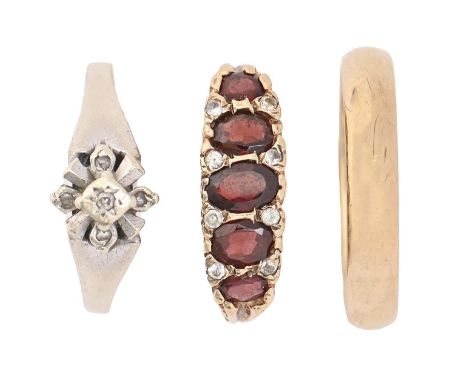 A 9ct gold wedding ring, London 2000 and two gem set 9ct or 9ct white gold rings, size O, P, Q, 11.4g (3)  Good condition