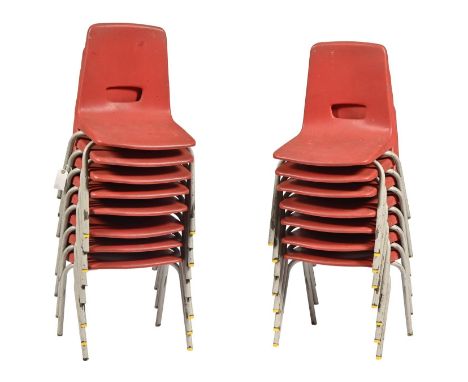 A set of fifteen grey painted tubular metal and red plastic children's chairs, K M Office Furniture Ltd Chesterfield, 1970s  