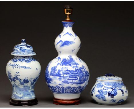 A Chinese blue and white jar and cover, 20th c, 36cm h, Kangxi mark, a similar blue and white bowl and cover and double gourd