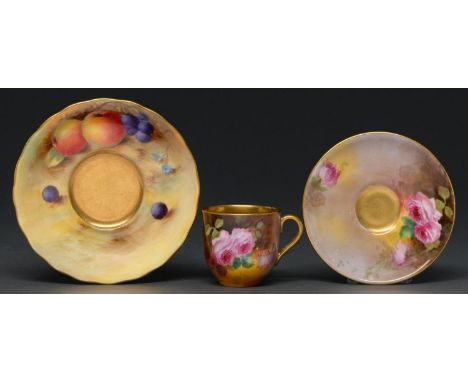 A Royal Doulton coffee cup and saucer, c1930, painted by E Perry, both signed, with roses, saucer 95mm diam, printed mark and