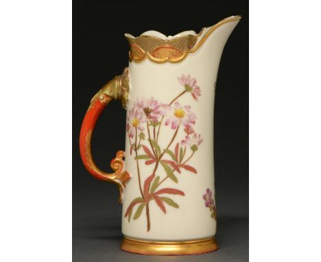 A Royal Worcester tusk jug, 1890, decorated with wild flowers on an ivory ground, 15cm h, puce printed mark  Chipped, gilding