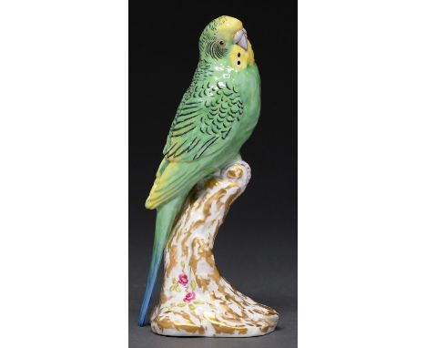 A Royal Worcester model of a budgerigar, mid 20th c, 18cm h, black printed mark  Good condition