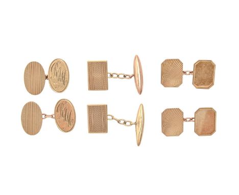 Three pairs of 9ct gold cufflinks, various sizes, 11g  Light consistent wear and the odd minor dent