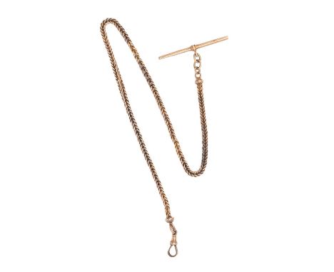 A Victorian gold coloured metal rope Albert, with T-bar and gold keeper, 36cm, marked 9C, 23g  Light wear
