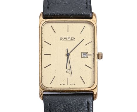 A Roamer 9ct gold rectangular wristwatch, quartz movement, 24 x 30mm, Convention mark  Light wear scratches. Important Notice