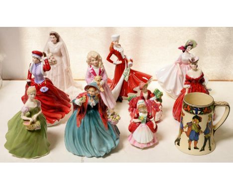 Ten Royal Doulton and Royal Worcester bone china figures of young women, including HM Queen Elizabeth II, 20th / 21st c, vari
