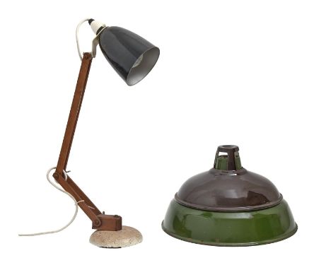 A painted metal and unpainted wood adjustable desk lamp with black metal shade, c1970 and two industrial metal lampshades, gr