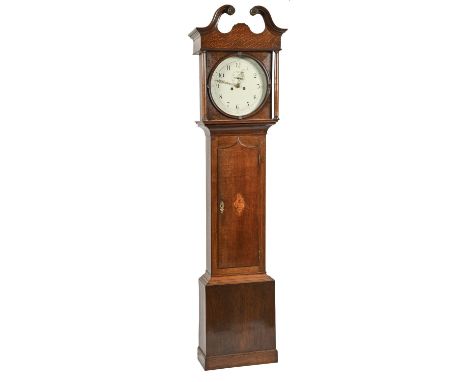 An eight day oak and inlaid longcase clock, Simpson Oakham, early 19th c, the 15" round painted dial with brass ring winding 