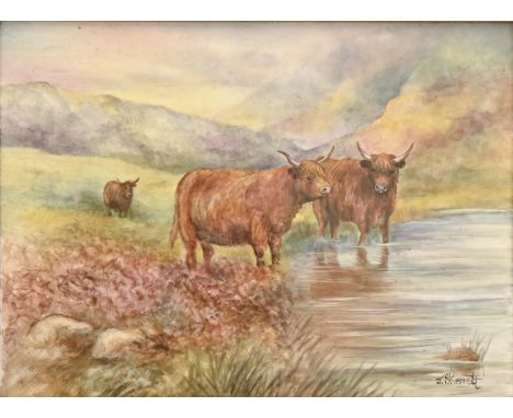 An outside decorated Worcester or other English porcelain plaque, late 20th c, painted by J Skerrett, signed, with highland c