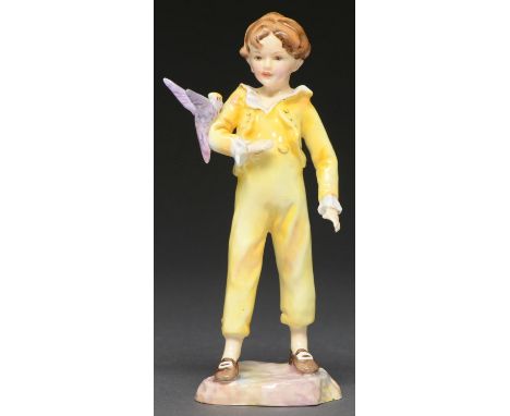 A Royal Worcester figure of a boy with a parakeet, c1970, 17cm h, black printed mark  Good condition