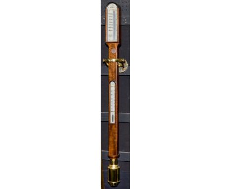 A mahogany marine barometer, late 20th c, with alcohol thermometer, brass cistern, 88cm h Good condition