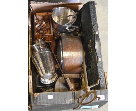 Miscellaneous bygones and metal ware,&nbsp;including an American planished cocktail shaker and ice bucket, a Smith's oak mant