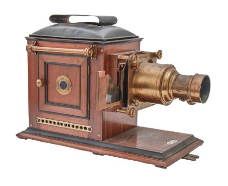 A Victorian mahogany, brass and black japanned magic lantern, Perken, Son &amp; Rayment London, 48cm l, maker's bone trade la