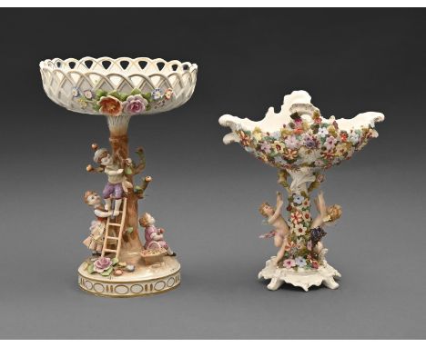 A Samson floral encrusted centrepiece, c1900, the pedestal set with two cherubs, the bowl painted with flowers, 28cm h, red p