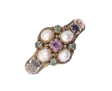 A Victorian split pearl, foiled amethyst and emerald mourning ring, in gold, with glazed reverse, chased shoulders and engrav