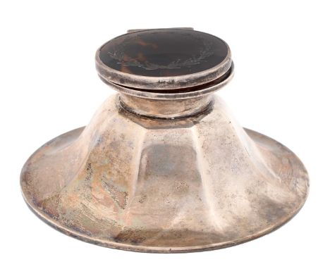 A George V silver capstan inkwell, with pique lid, 95mm diam, by Mappin &amp; Webb Ltd, Birmingham 1916, loaded  Light wear, 