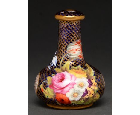 A Spode lizard bottle and stopper, c1820, painted with flowers on a blue and gilt scale patterned ground, 10cm h  Bottle - sl