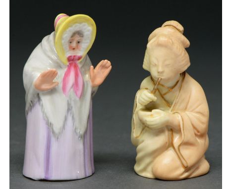 Two Royal Worcester figural candle snuffers, in the form of a Japanese girl and Granny Snow, early 20th c, 71 and 78mm h, gre